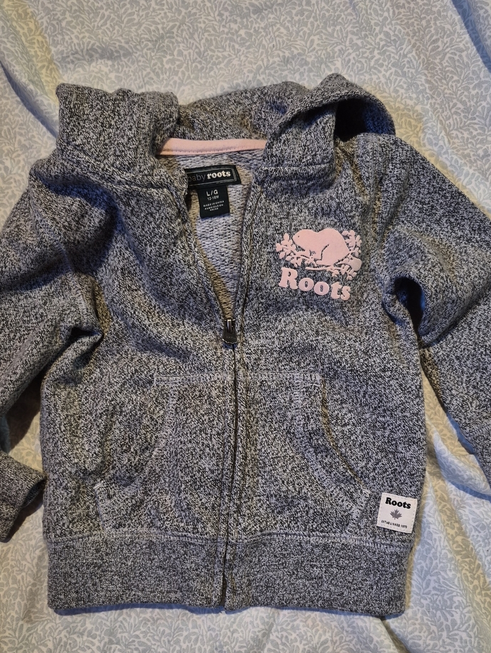 Roots Gray Zip-Up Hoodie with Pink Logo